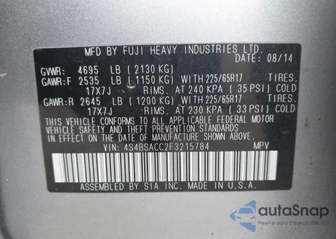 2015 Subaru Outback 2.5I Premium from USA, damaged, VIN 4S4BSACC2F3215784